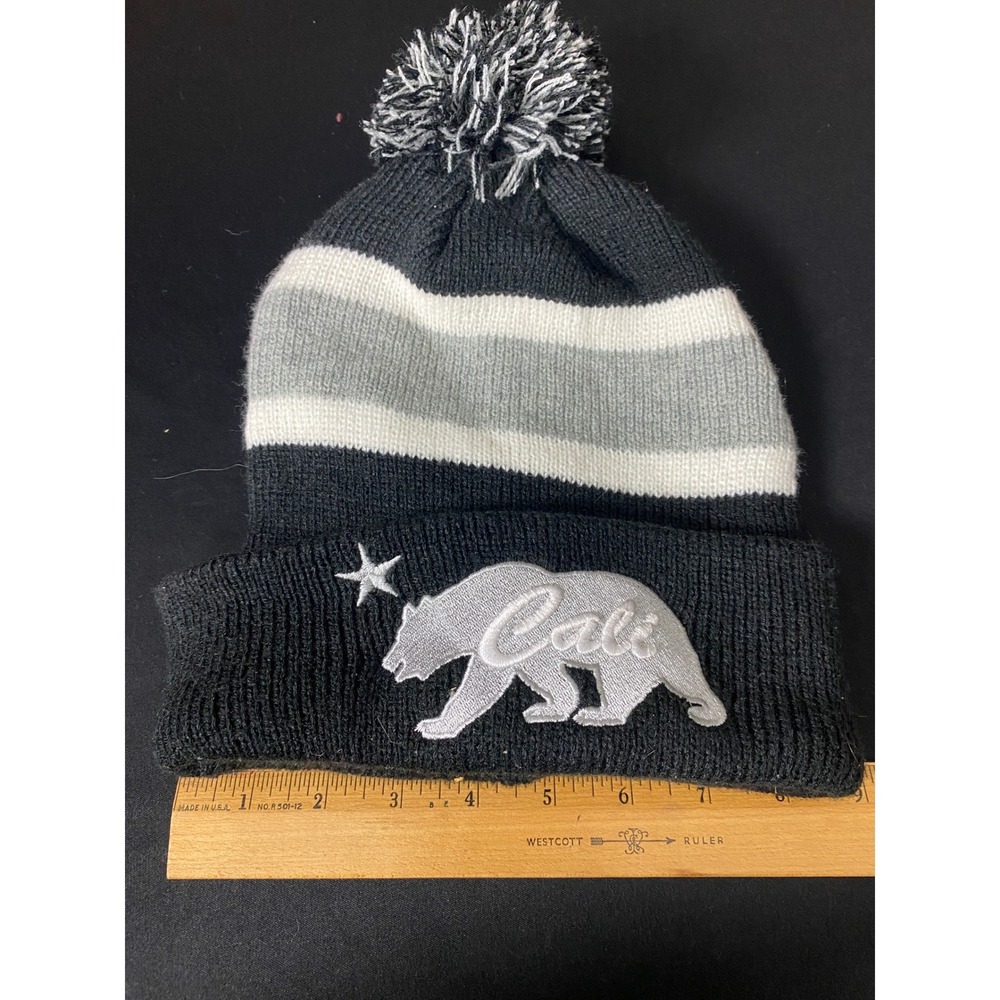 CALI Bear Pom Pom Beanie Hat Black White Gray Stripes Embroidered Logo‎ Winter